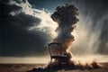 Wooden arm chair in the desert with an explosion in the background.