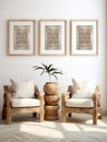 Wooden armchair near white stucco wall with three posters. Boho interior design with home decor