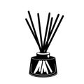 Wooden aroma sticks in glass jar glyph icon. Liquid perfume oil black silhouette. Essential air fragrance sticks