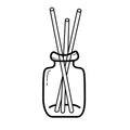 Wooden aroma sticks in glass jar. Outline drawing for coloring page