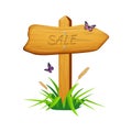 Wooden arrow with SALE sign with grass and butterflies. Vector iilustration.