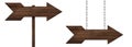 Wooden arrow shape signpost made of dark wood hanging on chains and with pole