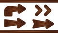 Wooden arrow sign board. Wood road pointer panel cartoon icon set. Empty isolated rustic timber plaque design for