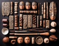 Wooden art materials arranged on a black background in Asian style
