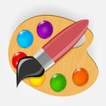 Wooden art palette with paints and brushe icon