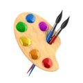 Wooden art palette with paints and brushes Royalty Free Stock Photo