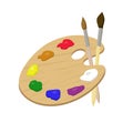 Wooden art palette with paints, and brushes for drawing. Items for creativity and learning Royalty Free Stock Photo