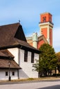 Wooden articular and New red church in Kezmarok, Slovakia Royalty Free Stock Photo