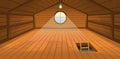 The wooden attic interior with a window and stairs. Vector cartoon illustratio Royalty Free Stock Photo
