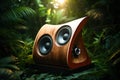 Wooden Audio Speaker, Music column, sub-woofer in green forest, Tropical Party Nature, Sustainability Eco music