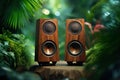 Wooden Audio Speaker, Music column, sub-woofer in green forest, Tropical Party Nature, Sustainability Eco music