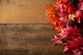 Wooden background with artificial autumn maple leaves. Royalty Free Stock Photo