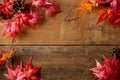 Wooden background with artificial autumn maple leaves. Royalty Free Stock Photo