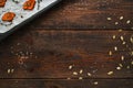 Wooden background with baked pumpkin flat lay Royalty Free Stock Photo