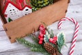 Wooden background with christmas decorations for home inprovement, holidey goods for house design