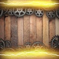 Wooden background with cogwheel gears and electric lightning