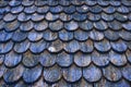 Wooden background with copy space for your text or creative design made with old weathered roof shingles with remnants of blue Royalty Free Stock Photo