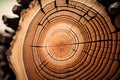 Wooden background. Cross section of tree trunk with annual rings.