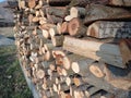 Wooden background. Firewood for the winter, stacks of firewood . Chopped wood logs for sale use in fire place at home stored on Royalty Free Stock Photo