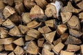 Wooden background. Firewood for the winter, stacks, wood texture. Fuel. Preparation of firewood for the winter. Stacks of chopped