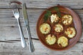 Wooden background. fried zucchini and eggplant. Healthy food