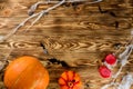 wooden background for halloween with spider and cobweb, pumpkin and place for text Royalty Free Stock Photo