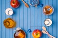 Wooden background with honey and apple for Jewish holiday Rosh Hashana. View from above. Royalty Free Stock Photo