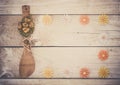 Wooden background with kitchen utencil and flowers Royalty Free Stock Photo