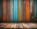 Rustic wooden pedestal with multicolored planks - vintage countryside scene. Royalty Free Stock Photo