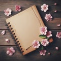 Wooden background with pink flower on blank notebook diary top view. ai generative