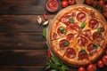 Wooden background Pizza presentation with appealing top view