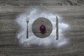 Wooden background powder powdered snow embroidered silhouette plate fork knife appliances Christmas tree ball sparkles pink