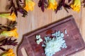 Wooden background with pumpkin flowers and purple epazote, with cutting board for vegetables and chopped onion
