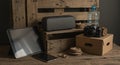 Wooden background with a rustic theme featuring various objects. A tablet and