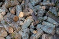 Wooden background - sawn logs, tree stumps of different sizes and shades