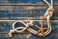 Wooden background with starfish and marine rope Royalty Free Stock Photo