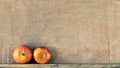 wooden background with two small apples