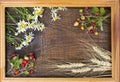 Strawberries, wheat and chamomile in a wooden frame. Royalty Free Stock Photo