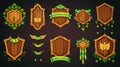 Wooden badges with level number, achievement rank emblems, game level label with green ribbon and wings, modern cartoon