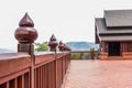 Wooden balconies around the temple on the hill.