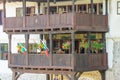 Wooden balconies over the entrance to the courtyard Troyan Monastery in Bulgaria Royalty Free Stock Photo