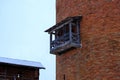 The wooden balcony of the main tower of Turaida walled castle at one of the oldest castles in Latvia. Vidzeme region of