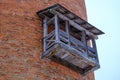 The wooden balcony of the main tower of Turaida walled castle at one of the oldest castles in Latvia. Vidzeme region of