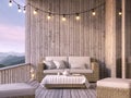 Wooden balcony with mountain view 3d render Royalty Free Stock Photo