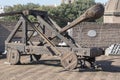 A Wooden Ballistic Device Of A Medieval Catapult. Royalty Free Stock Photo