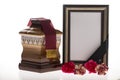 Wooden ballot box with blank mourning frame and flower