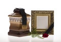 Wooden ballot box with blank mourning frame and flower