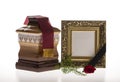 Wooden ballot box with blank mourning frame and flower