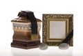 Wooden ballot box with blank mourning frame and flower