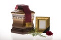 Wooden ballot box with blank mourning frame and flower